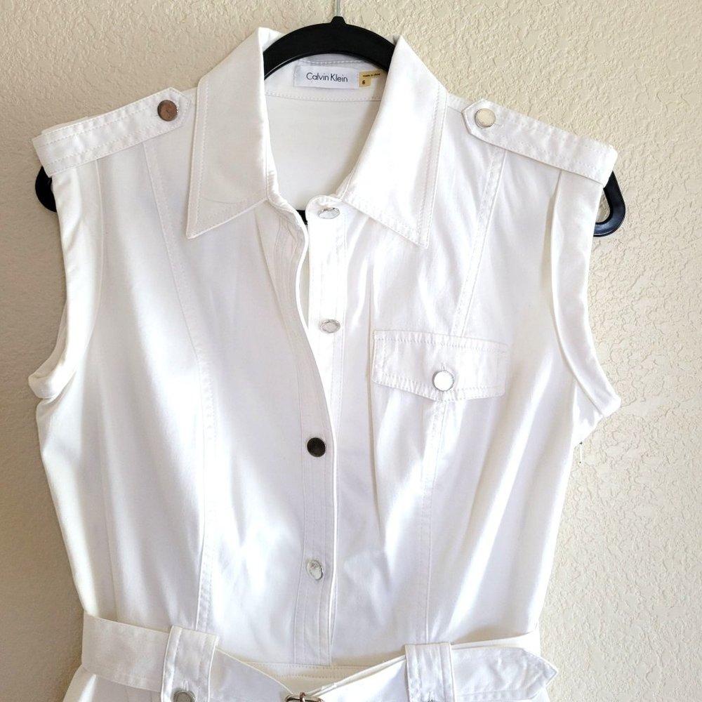 Calvin Klein Womens Cap Sleeve Collared Button Front Dress White 6 - Picture 6 of 12